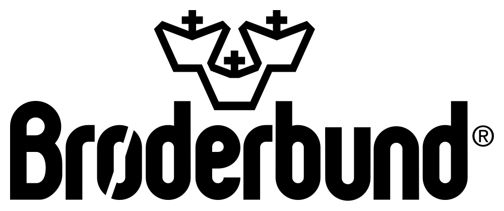 The Broderbund logo: three crowns over the rounded wordmark, the o drawn as a slashed zero