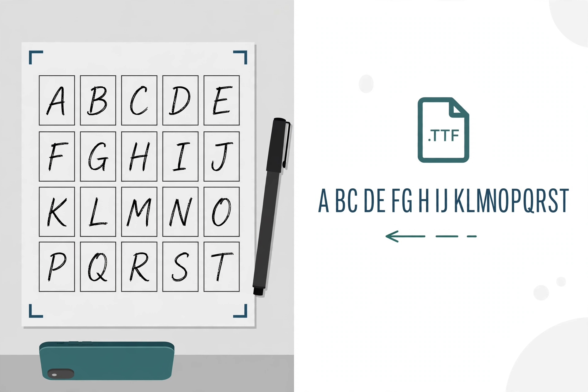 A printed handwriting template filled in with black pen, the handwritten letters becoming a .ttf font file with a matching specimen line