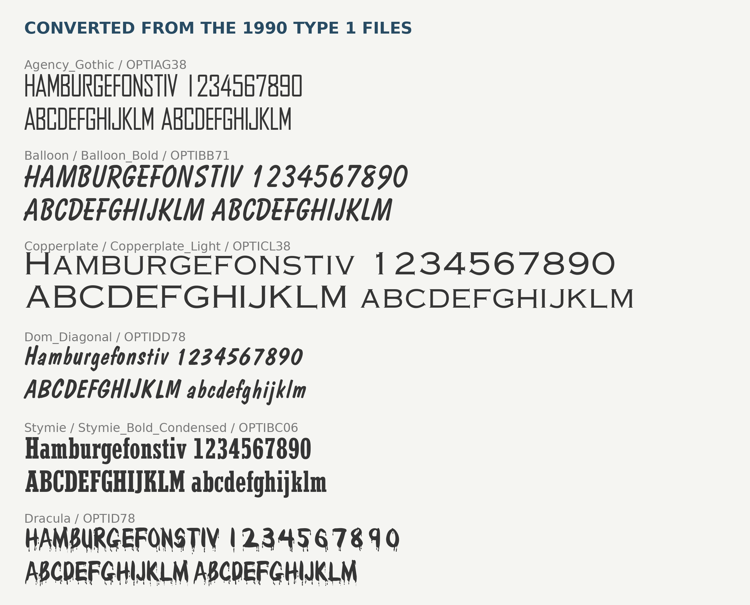 Specimens converted from this disc’s Type 1 files: Agency Gothic, Balloon Bold, Copperplate Light, Dom Diagonal, Stymie Bold Condensed, and Dracula.