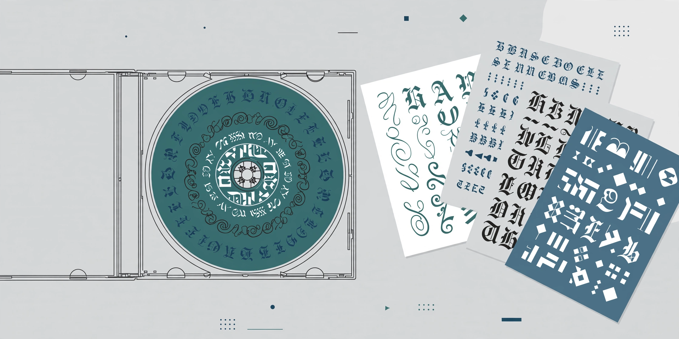 A jewel case holding a teal disc ringed with blackletter specimen letters, beside fanned specimen sheets in script, blackletter and stencil styles