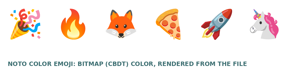 Six emoji, party popper, fire, fox, pizza slice, rocket, unicorn, rendered in full color from the Noto Color Emoji font file