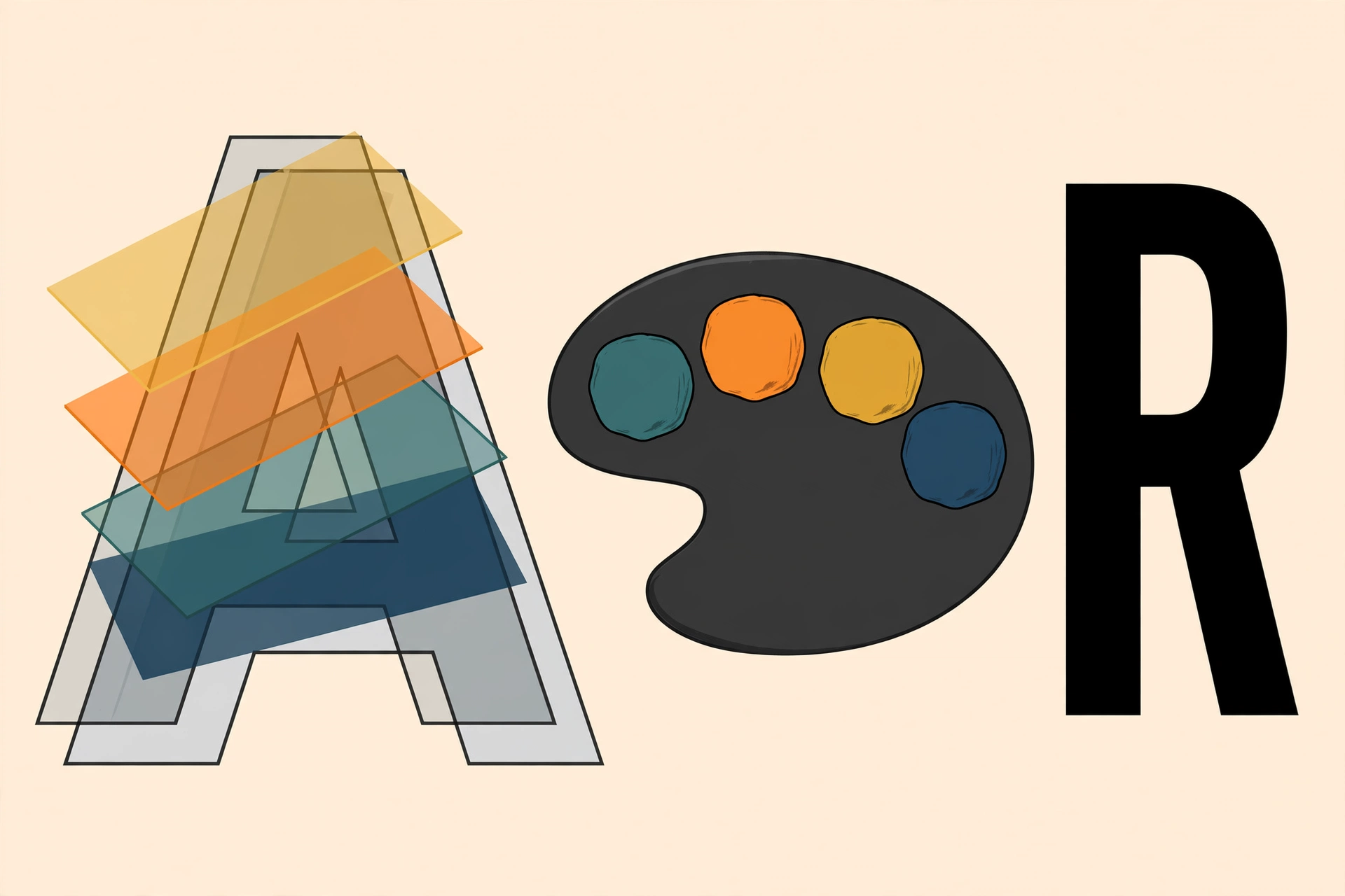 A capital A built from stacked colored layers beside a paint palette, next to a plain black R