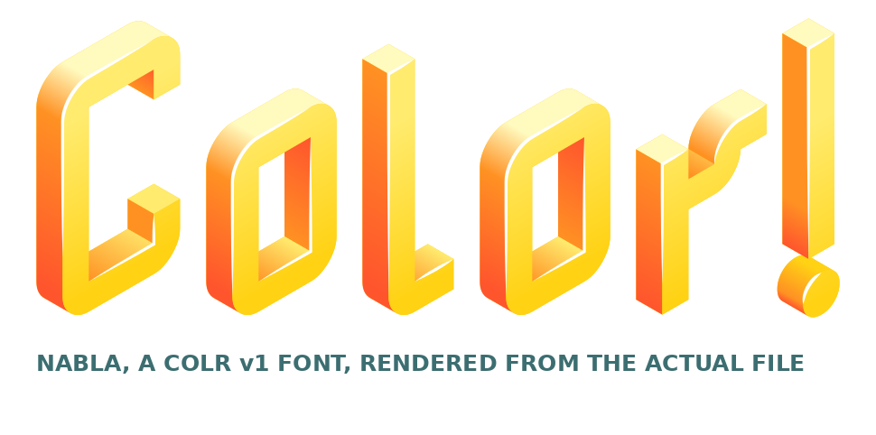 The word Color! rendered from the Nabla font file: isometric block letters shaded from red-orange at the base to pale yellow at the top face
