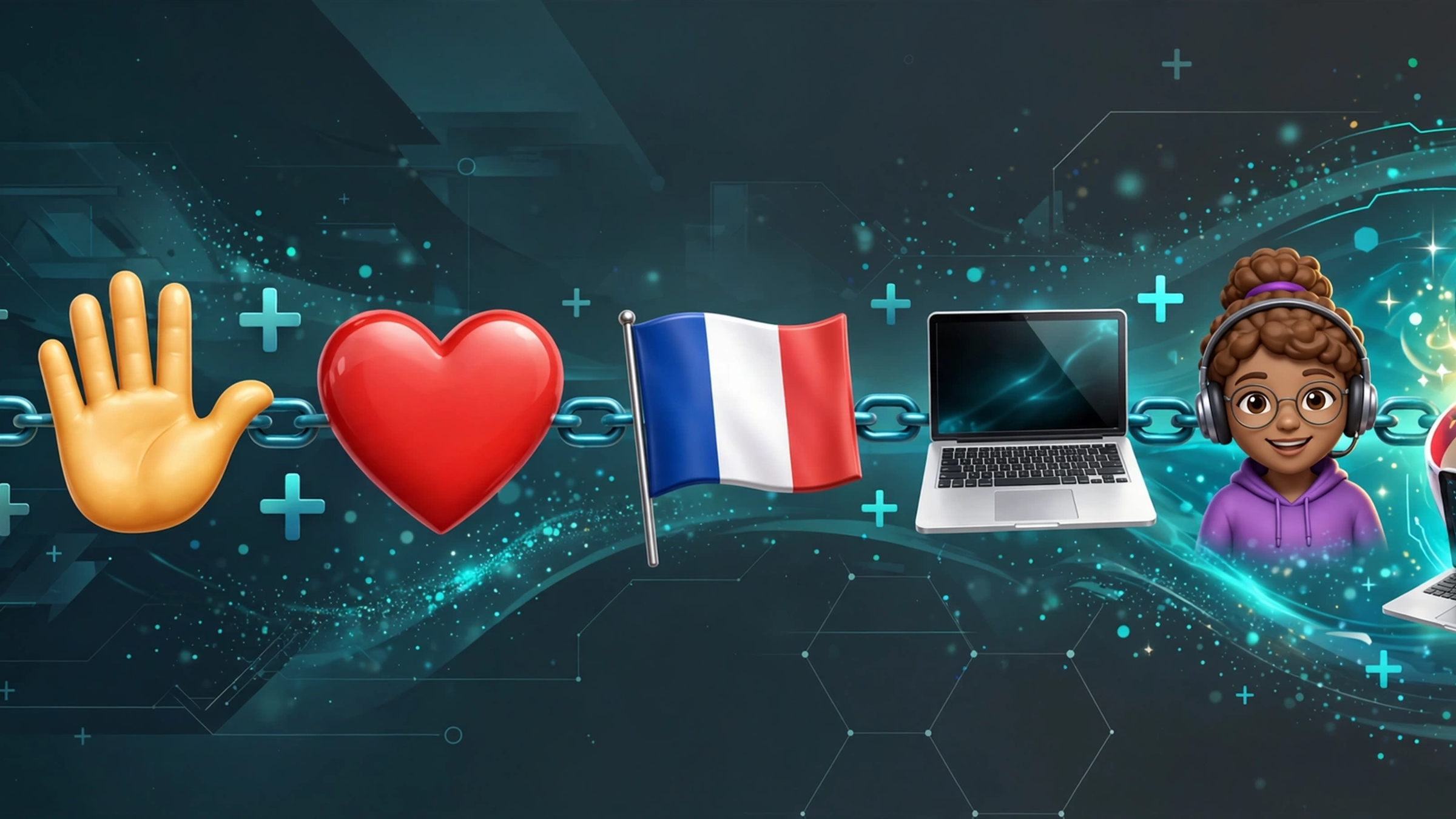 A chain of oversized emoji, a hand, a heart, and the French flag linked to a laptop and a woman technologist, plus signs floating between them on a deep teal background