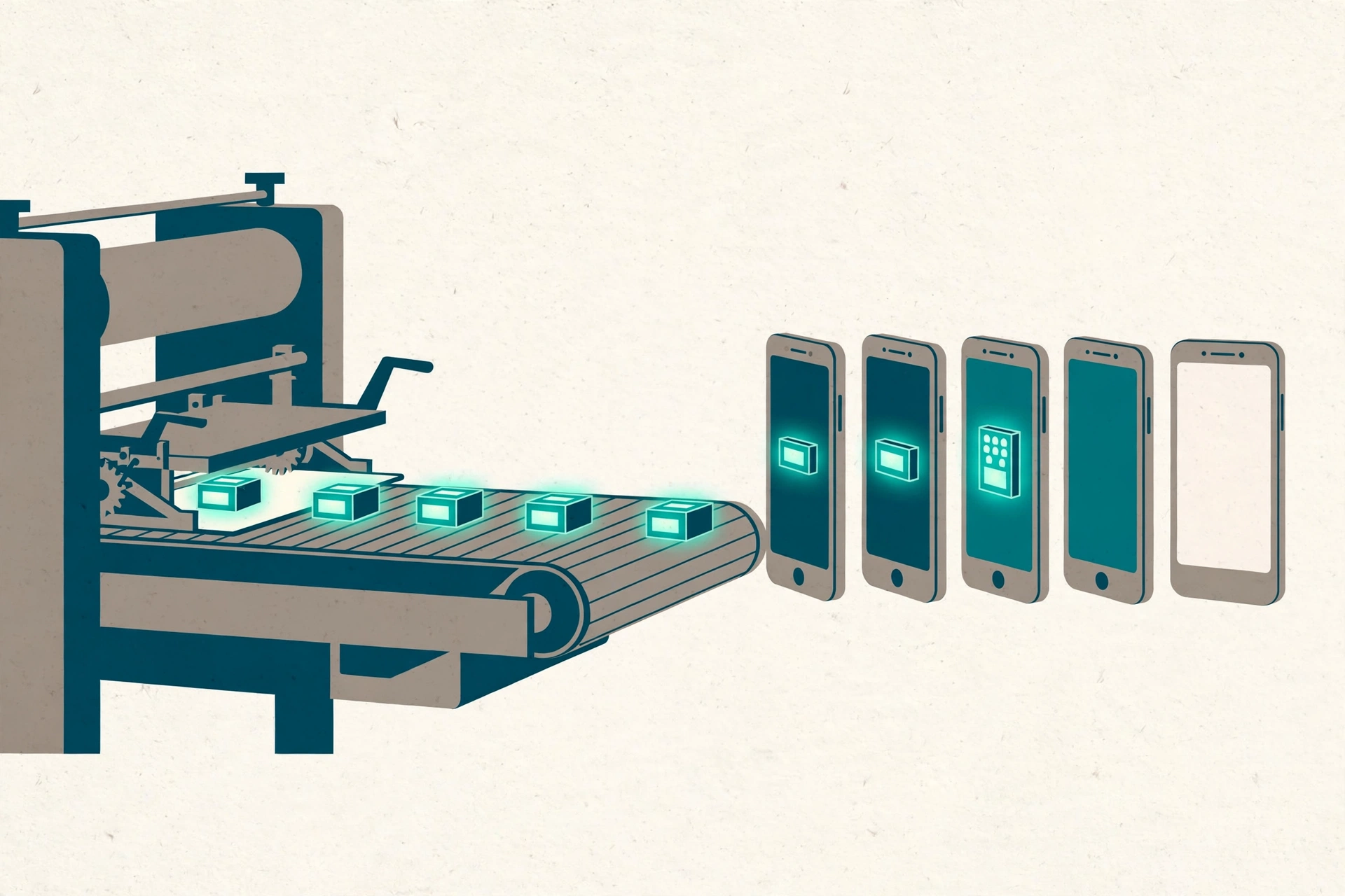 A conveyor belt carrying glowing packages from a printing press toward a row of smartphones, the last phone still blank
