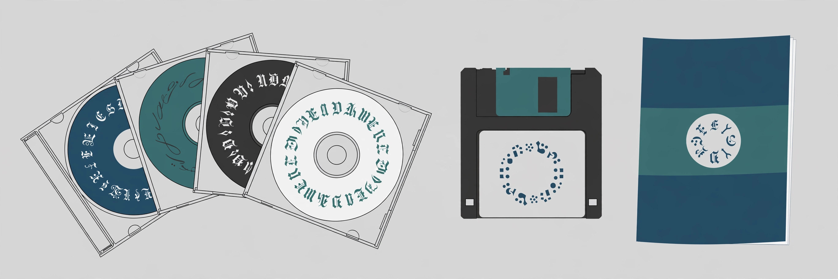 A fanned stack of CD jewel cases with specimen-letter discs, beside a floppy disk and a font catalog booklet