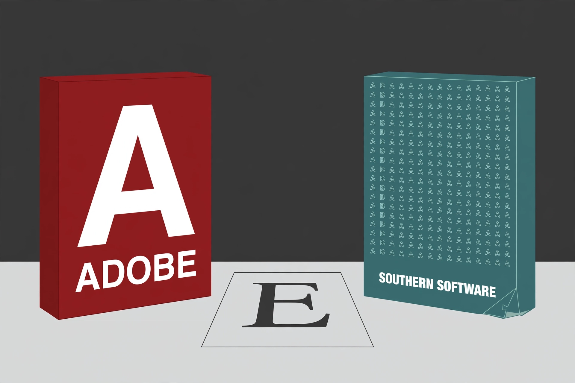 Illustration: a red Adobe software box and a teal Southern Software box face off across a printed specimen page