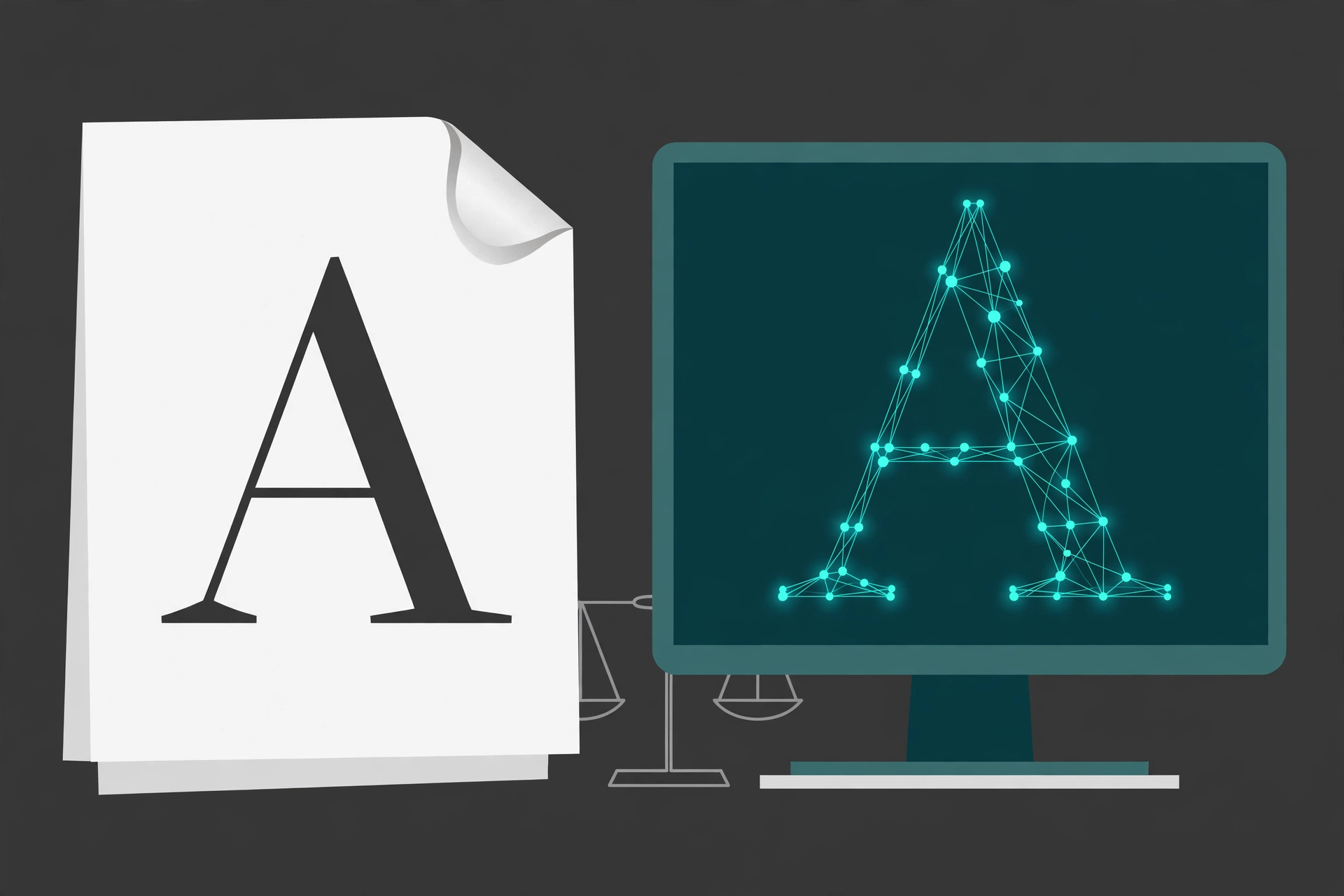 A printed letter beside the same letter drawn as outline points on a screen: the shape is free to redraw, the data is not