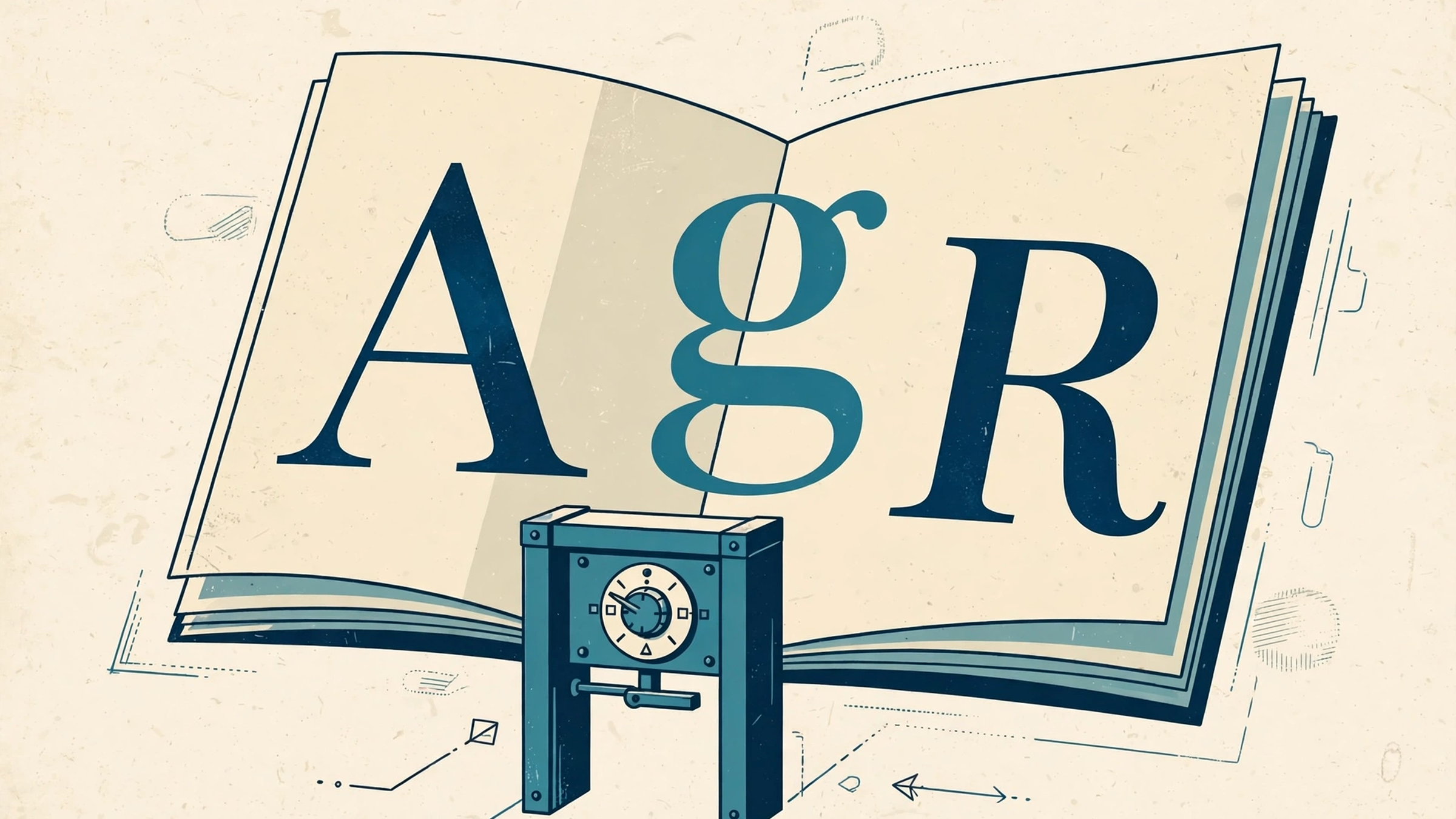 A document page holding oversized letterforms, with a small gate and a four-setting dial standing in front of it