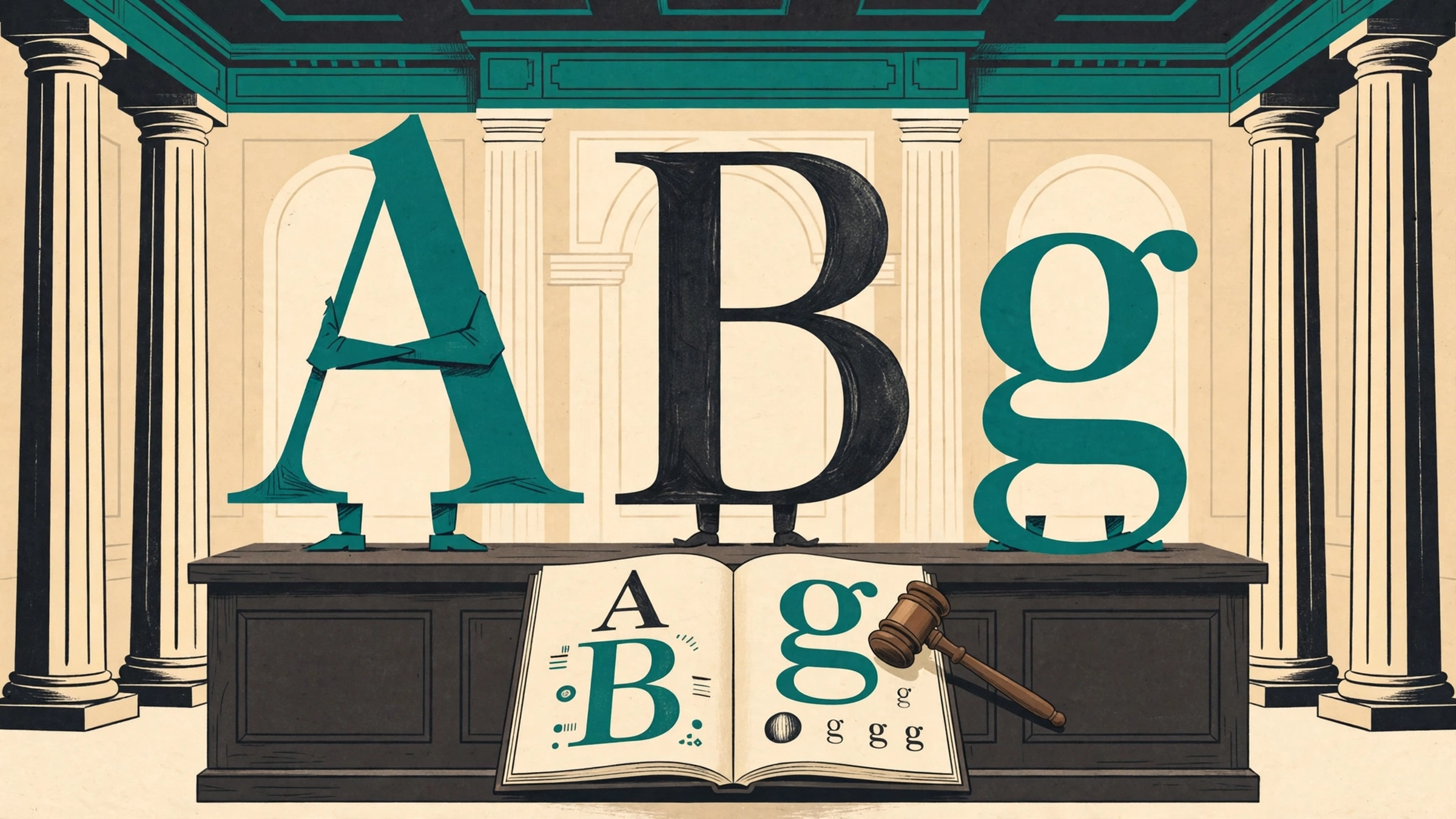 Letterforms standing as witnesses behind a courtroom bench, a gavel resting on an open specimen book