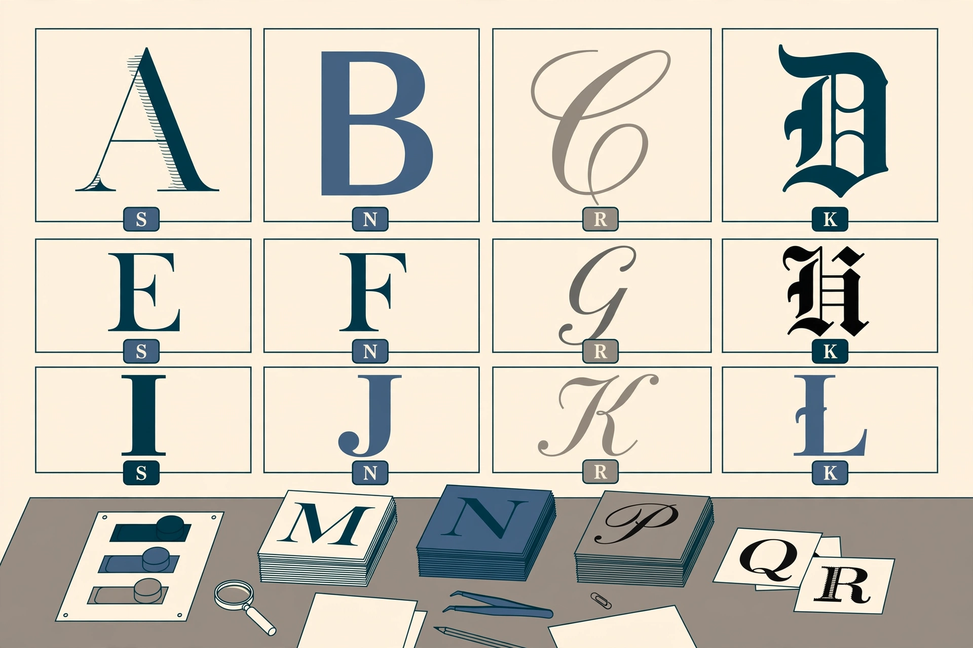 Specimen drawers of letters sorted by style, with cards being sorted on a desk