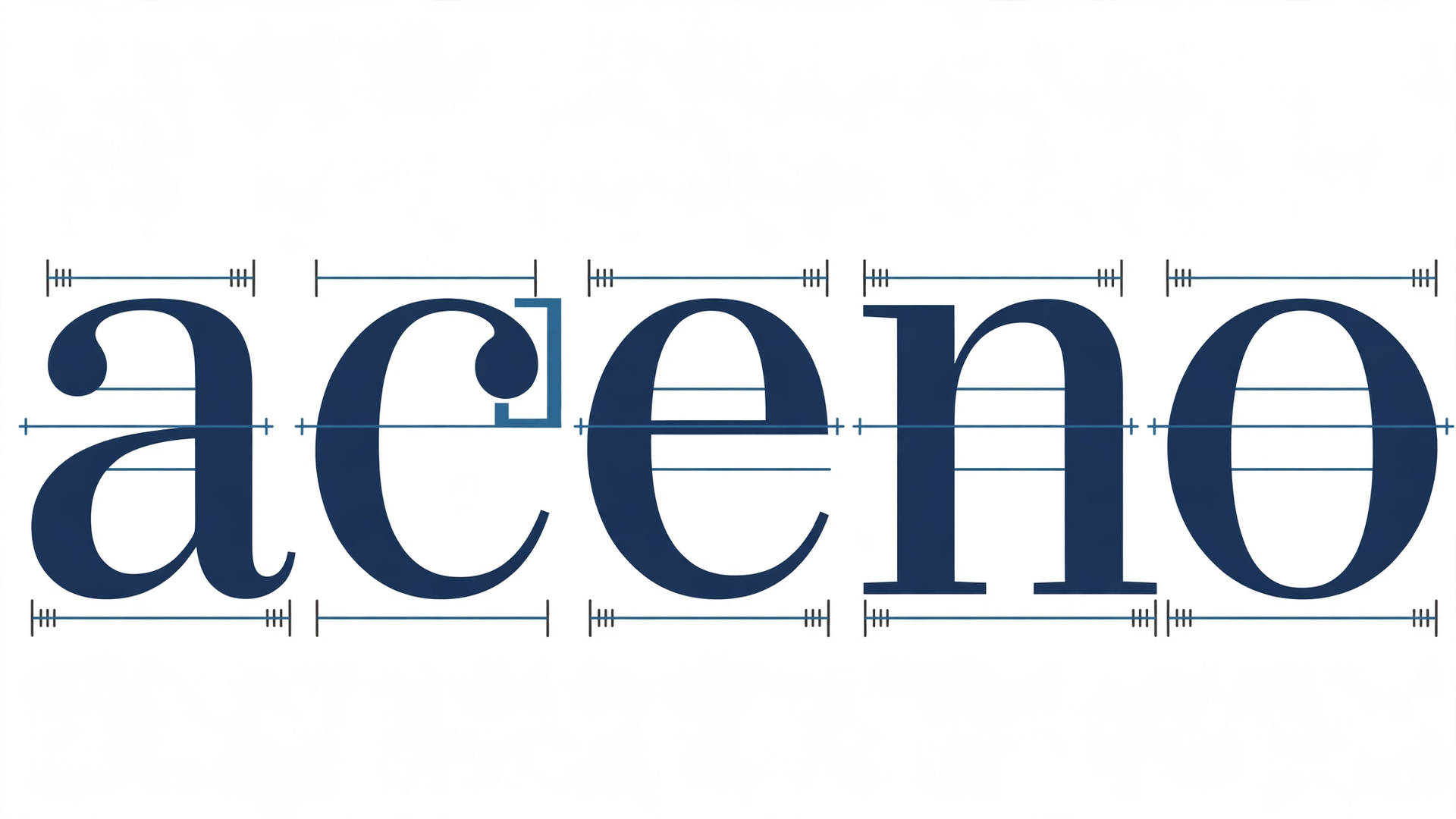 Five giant lowercase letters, a c e n o, in deep slate blue with measurement lines and caliper ticks running through them, the c’s opening marked with a bracket