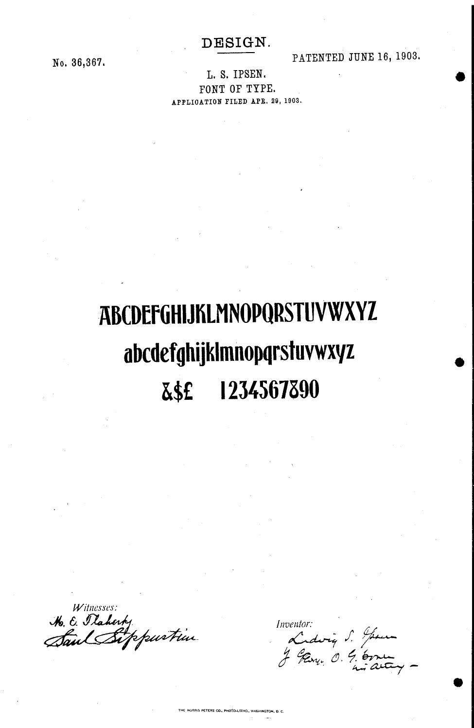 The drawing from US Design Patent 36,367 (1903): Ludvig Ipsen’s font of type, patented June 16, 1903 and assigned to American Type Founders. The alphabet is the whole claim.