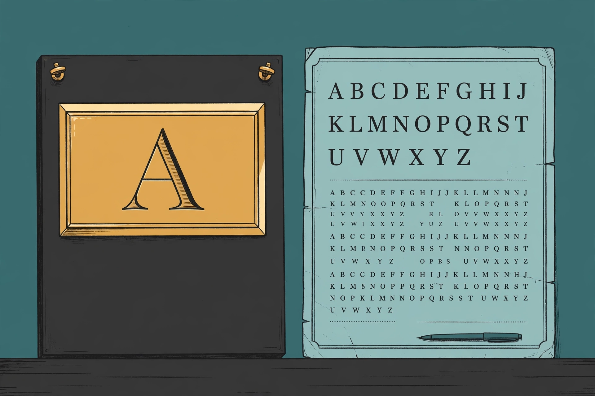 A brass nameplate engraved with a typeface name, beside a patent document bearing an alphabet
