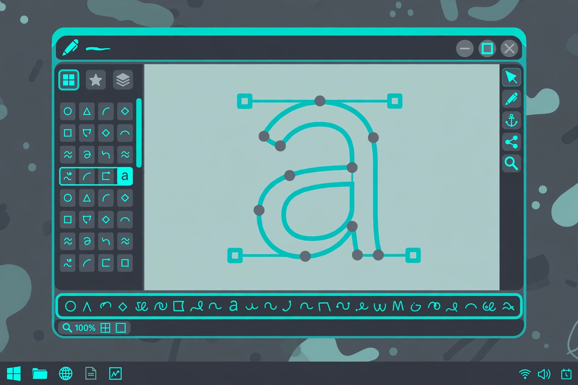 A font editor window holding a lowercase a as an outline with anchor points and bezier handles, a glyph grid at the side and a line of live proofing text below