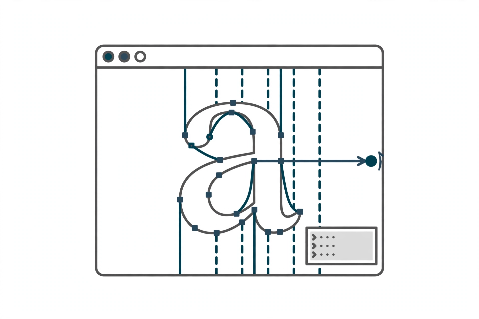 A font editor window holding a lowercase a covered in anchor points, with guide lines, a width line being dragged outward, and a small terminal panel in the corner