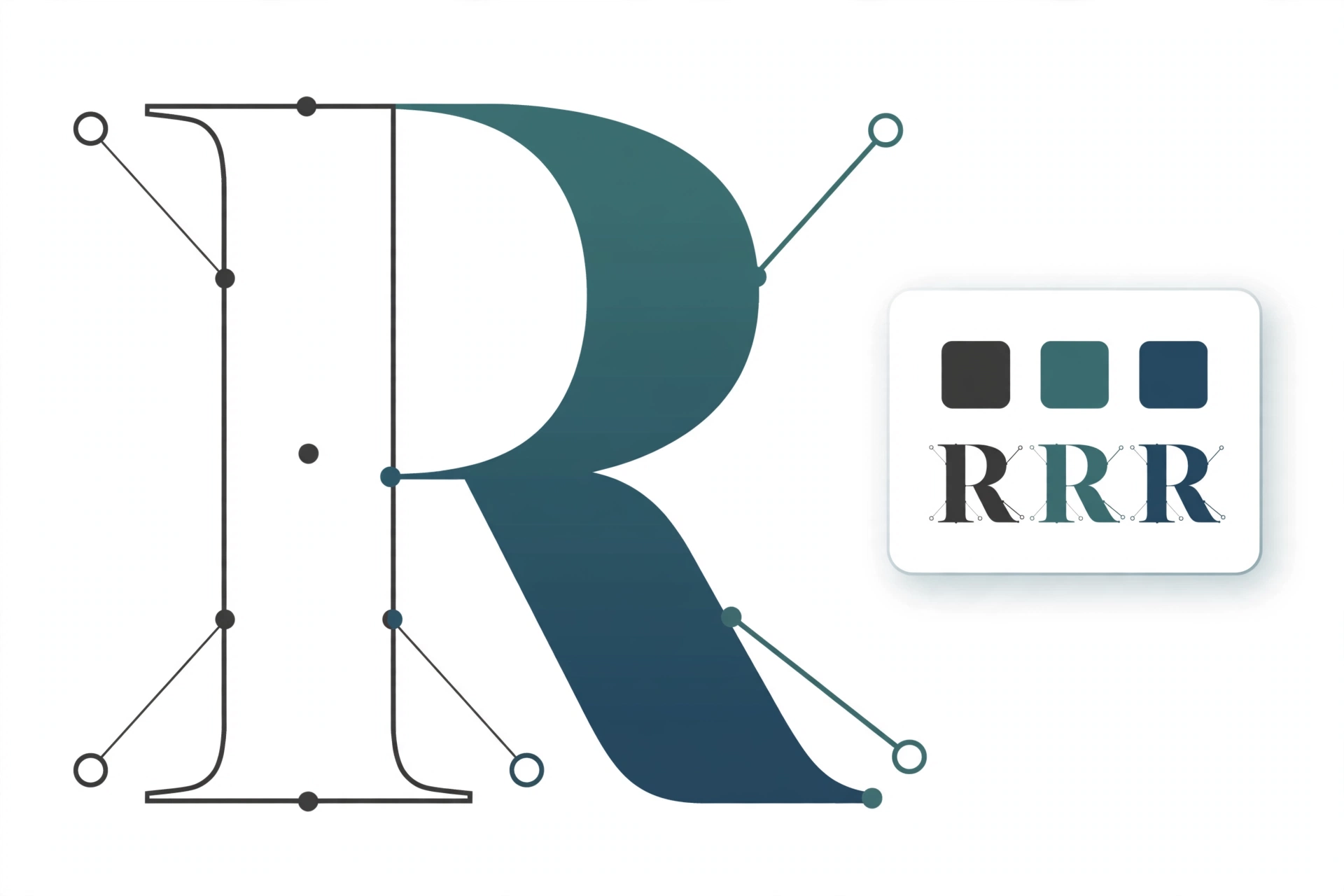 A capital R drawn as a vector outline with bezier points and handles on one side and filled with a teal to slate gradient on the other, beside a small panel of color swatches and finished letters