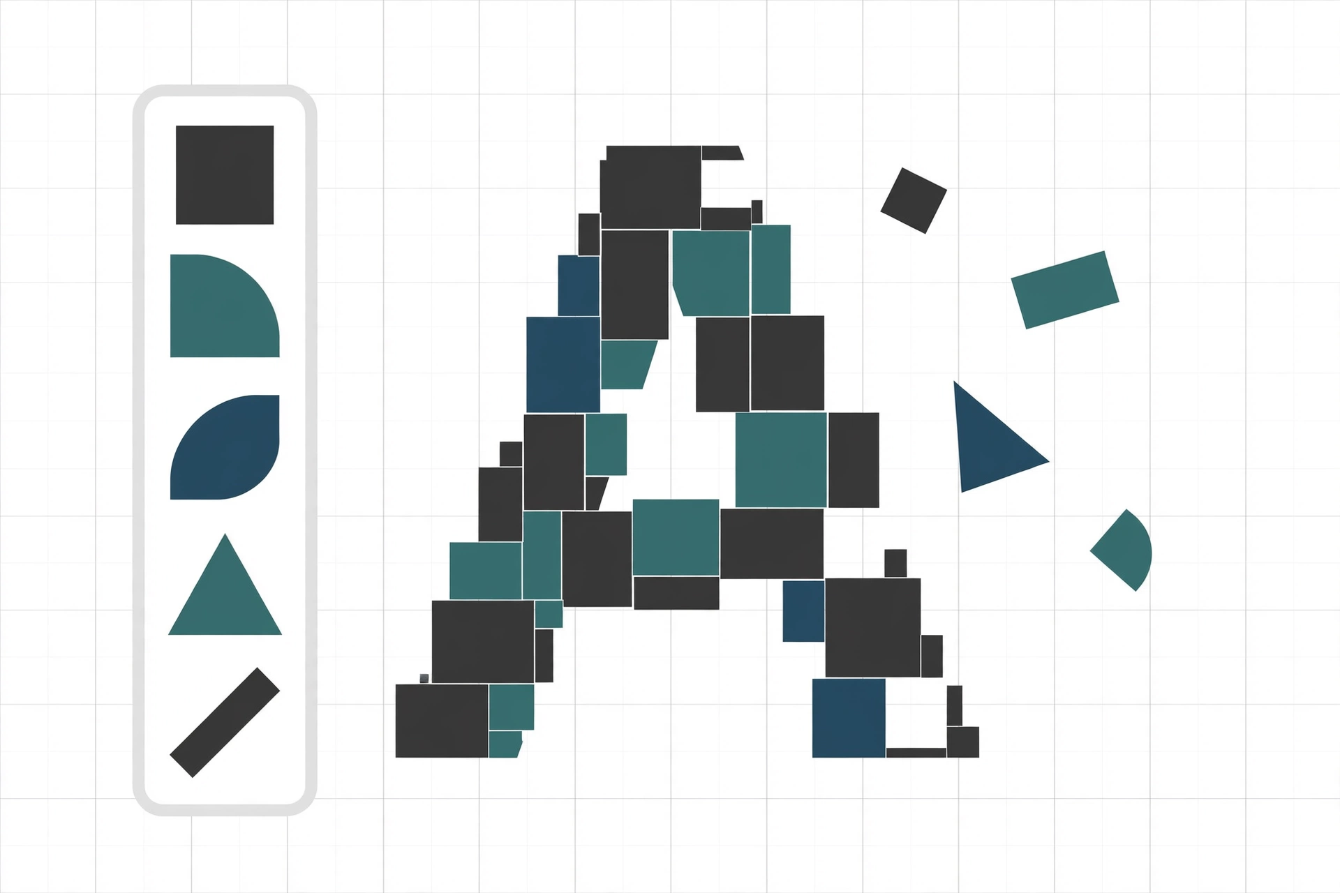 A capital A assembled from charcoal and teal geometric blocks on a faint grid, with a palette of brick shapes down the left side and a few loose blocks still to be placed