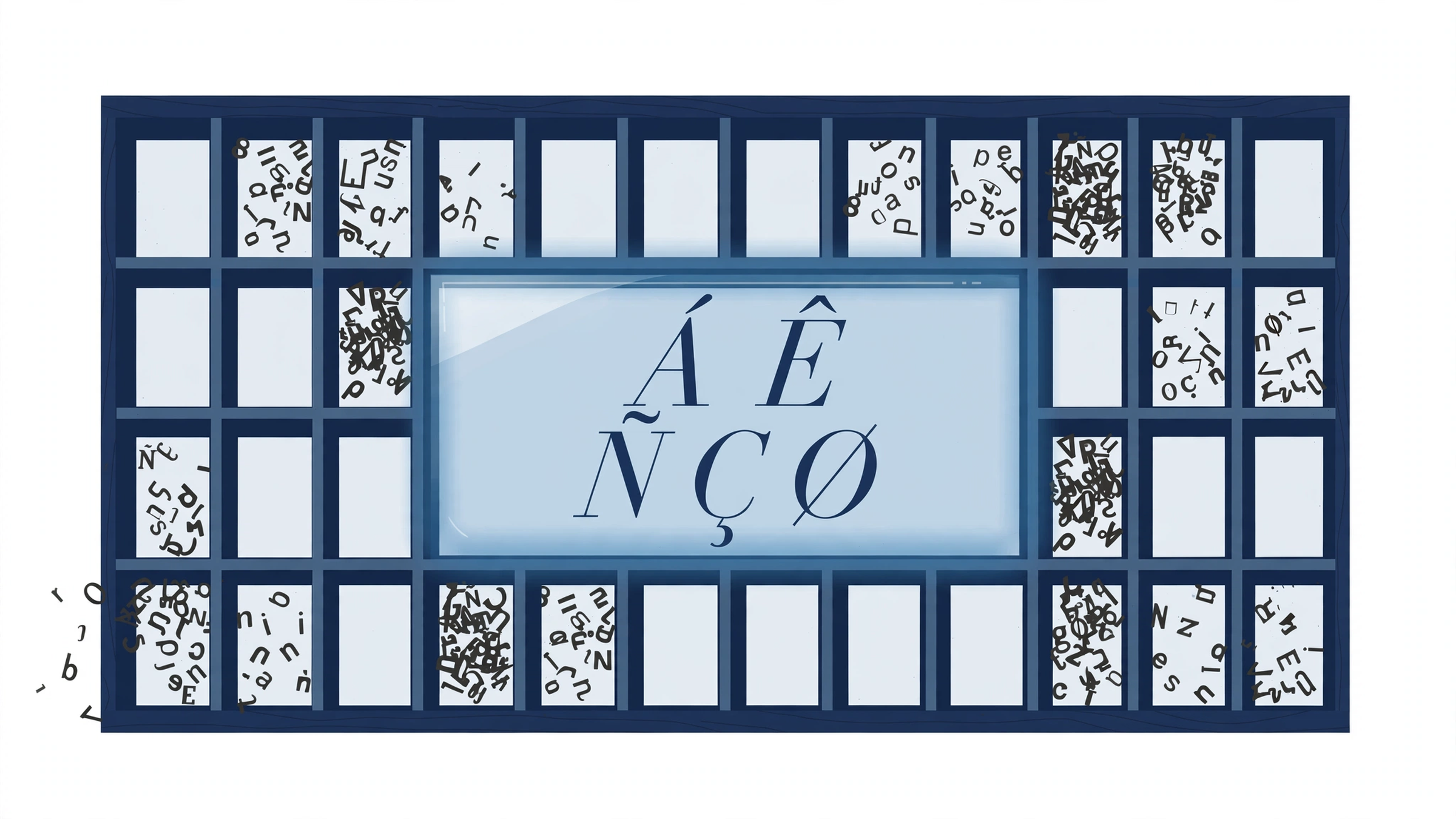 A printer’s type case whose central compartments are sealed under glass, holding elegant accented capital letters that can be seen but not reached