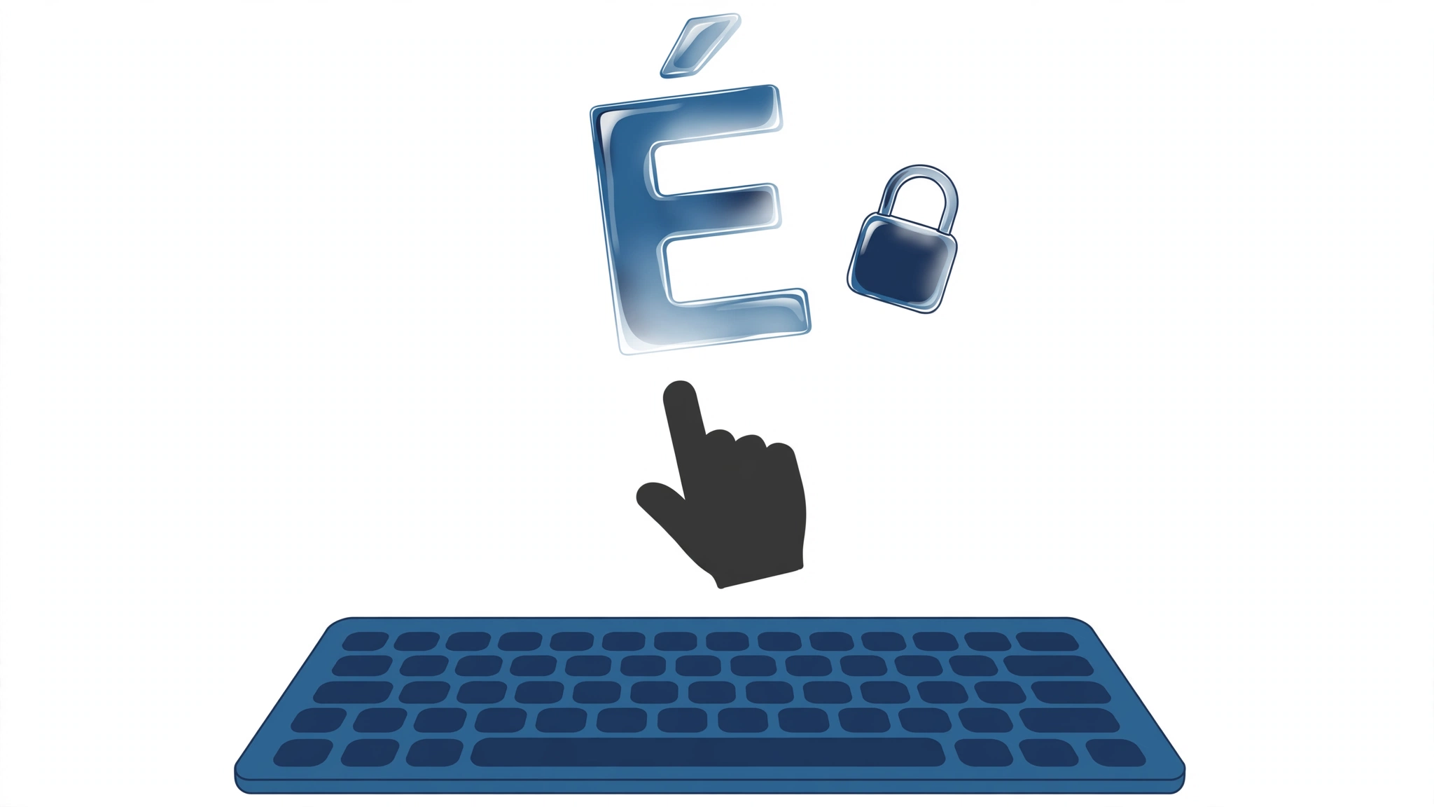 A glassy capital E with its accent floating detached above a keyboard, a padlock beside it, and a cursor hand reaching up without touching it
