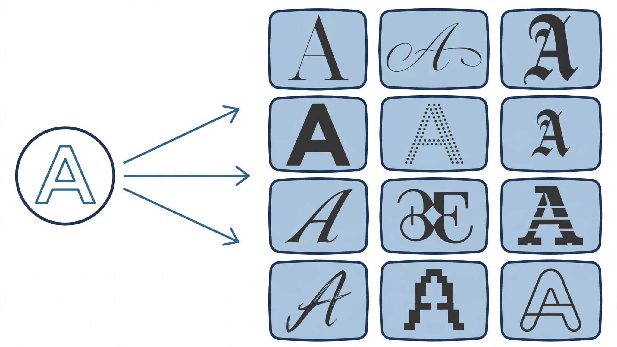 One circled letter A with arrows fanning out to twelve tiles, each holding a different drawn A: serif, script, blackletter, dotted, pixel, outline