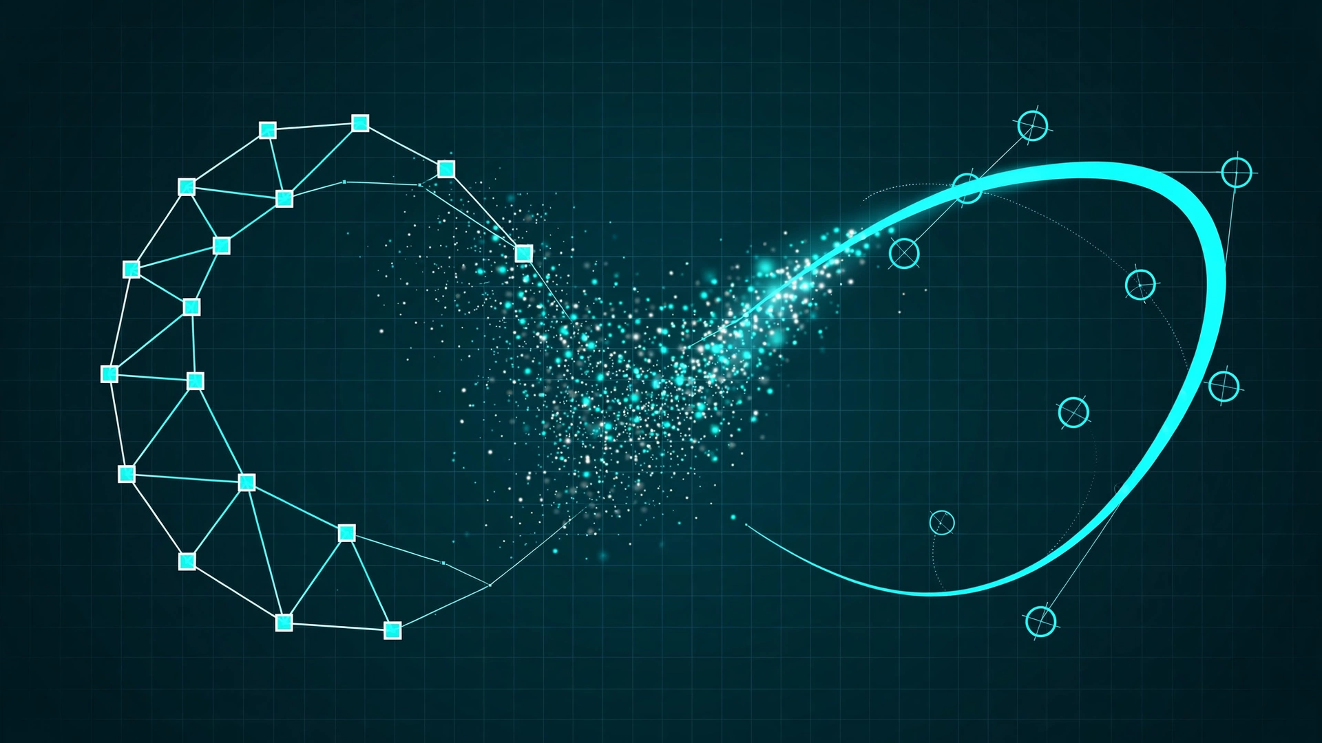 A glyph outline built from square quadratic points dissolving into particles and reforming as a smooth cubic curve with round Bezier handles.