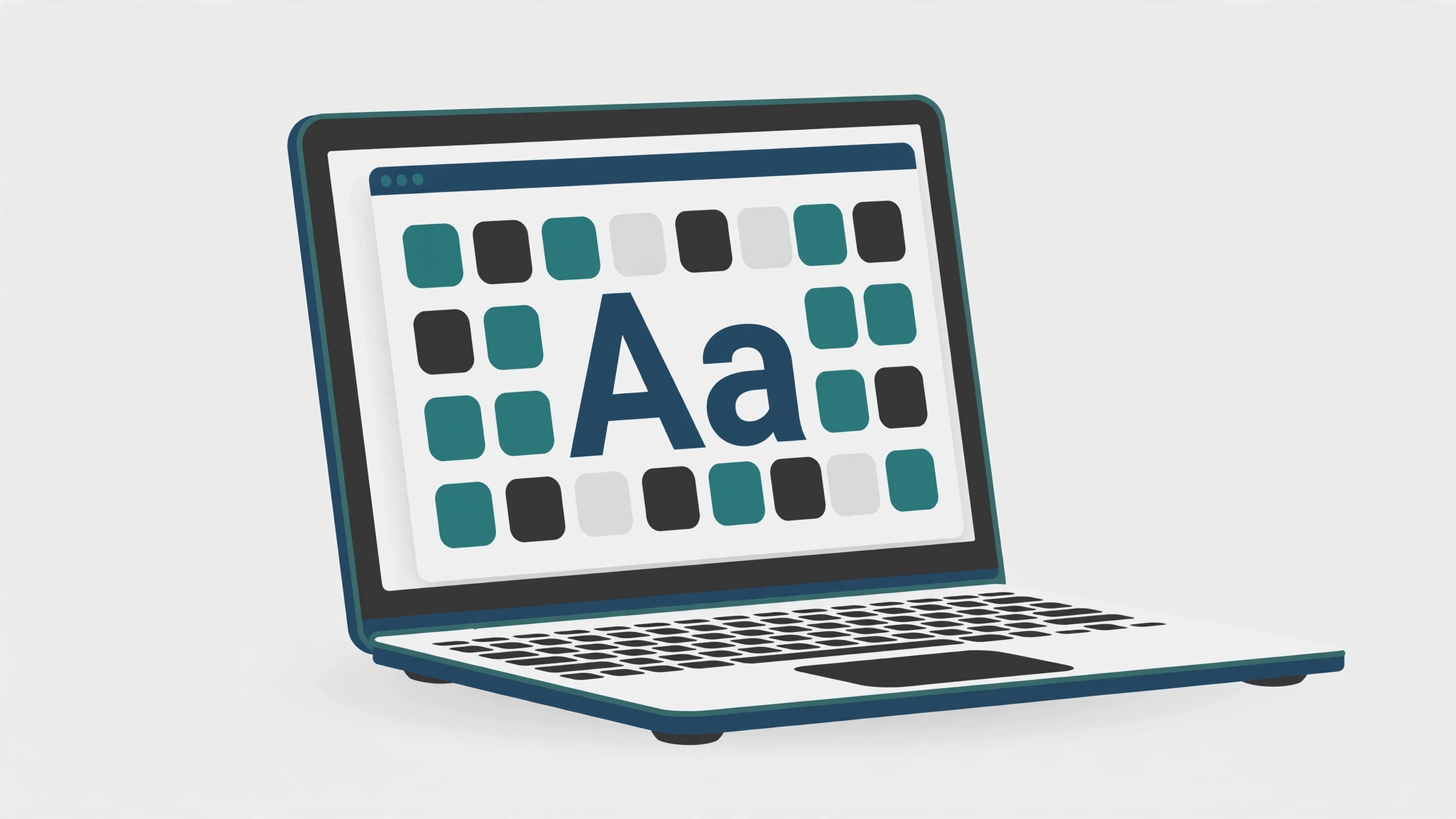 Illustration of a laptop showing a font manager window suggested by abstract glyph tiles, with a large Aa in the centre of the screen
