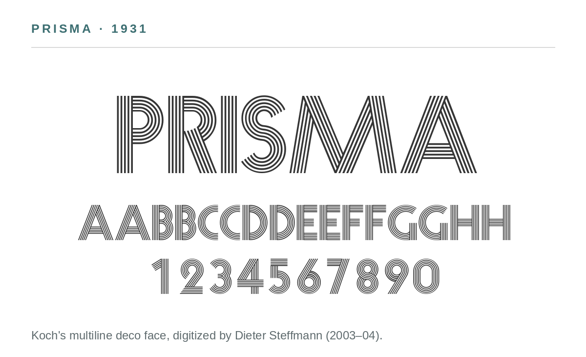 Specimen of Prisma, Rudolf Koch’s multiline art deco typeface of 1931, digitized by Dieter Steffmann, with mixed-case letters and numerals