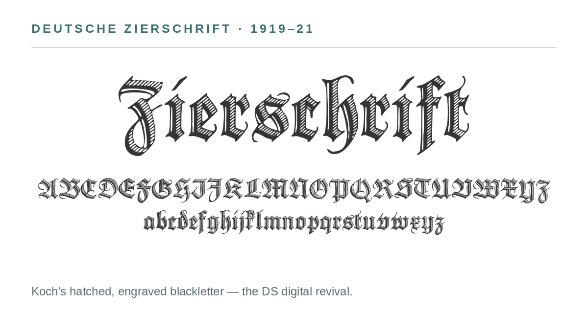 Specimen of Deutsche Zierschrift, Rudolf Koch’s hatched blackletter of 1919–21, in the DS digital revival, with full upper- and lowercase alphabets