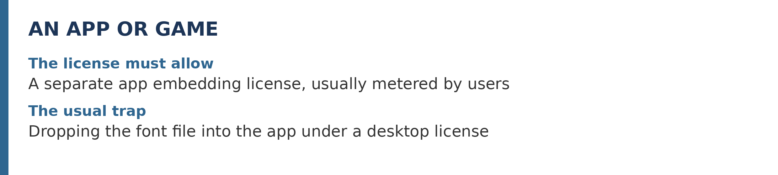 Verdict strip for apps and games: a separate app embedding license, usually metered by users, must be in place; the trap is dropping the font file into the app under a desktop license
