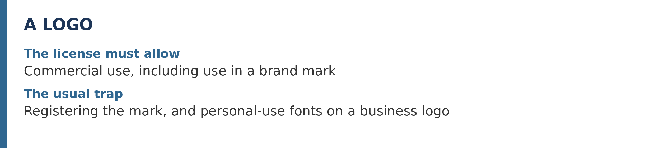 Verdict strip for logos: commercial use including a brand mark must be allowed; the trap is registering the mark, and personal-use fonts on a business logo