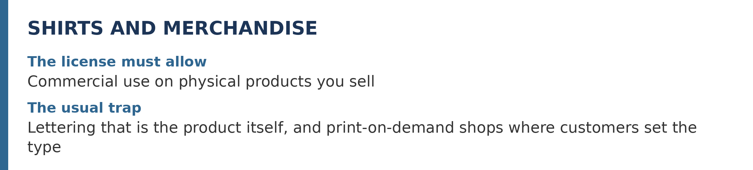 Verdict strip for merchandise: commercial use on physical products for sale must be allowed; the trap is lettering that is the product itself, and print-on-demand shops where customers set the type