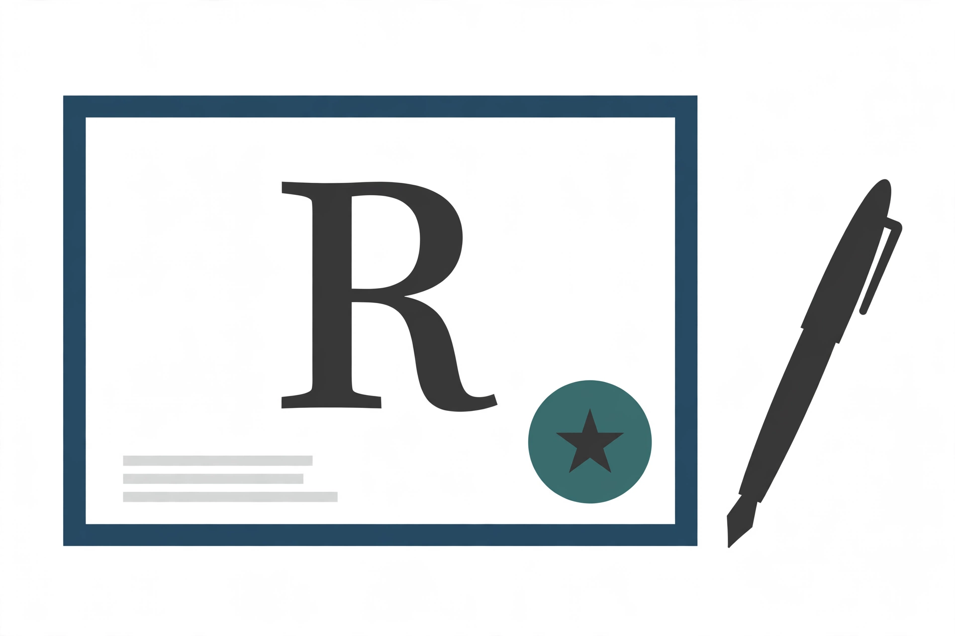 A license certificate bearing a single large letter R, a teal seal, and a fountain pen: a font license is the permission slip that comes with the letterforms
