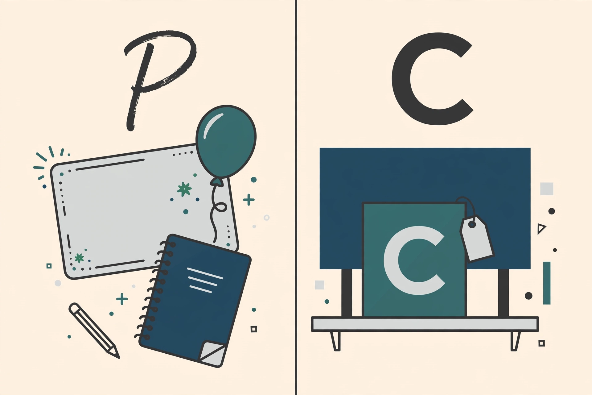 Two panels. Left, marked with a script P: a party invitation, a balloon, a notebook and pencil, the personal world. Right, marked with a bold C: a billboard and a product box with a price tag, the commercial world
