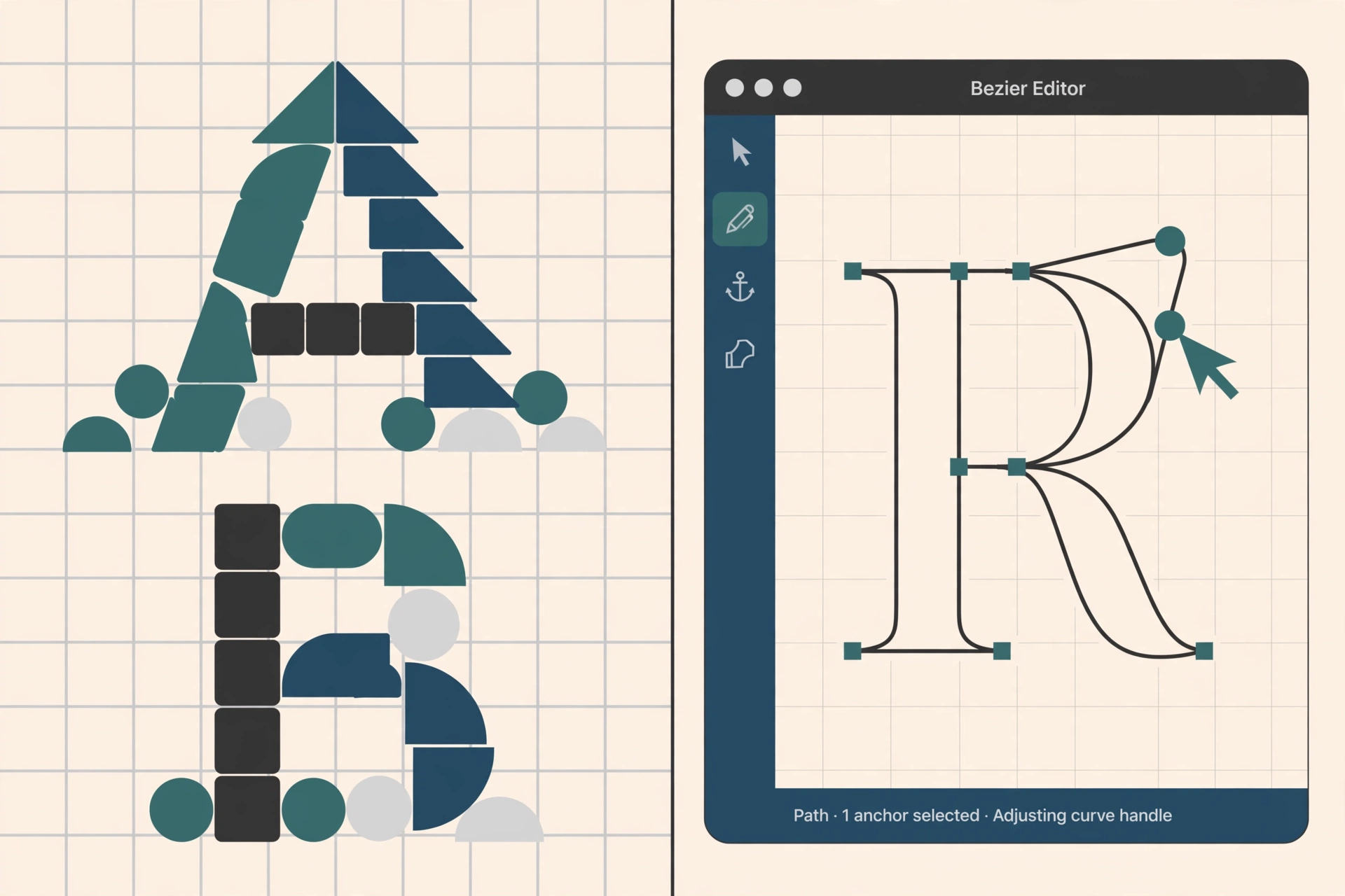 Left: letters assembled on a grid from geometric blocks. Right: a bezier editor window with a letter R being adjusted by its curve handles
