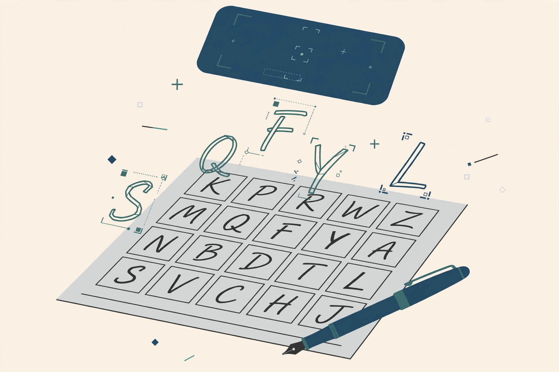 A handwriting template sheet filled in with letters, a fountain pen resting on it, while a phone above scans the page and the letters lift off as digital outlines