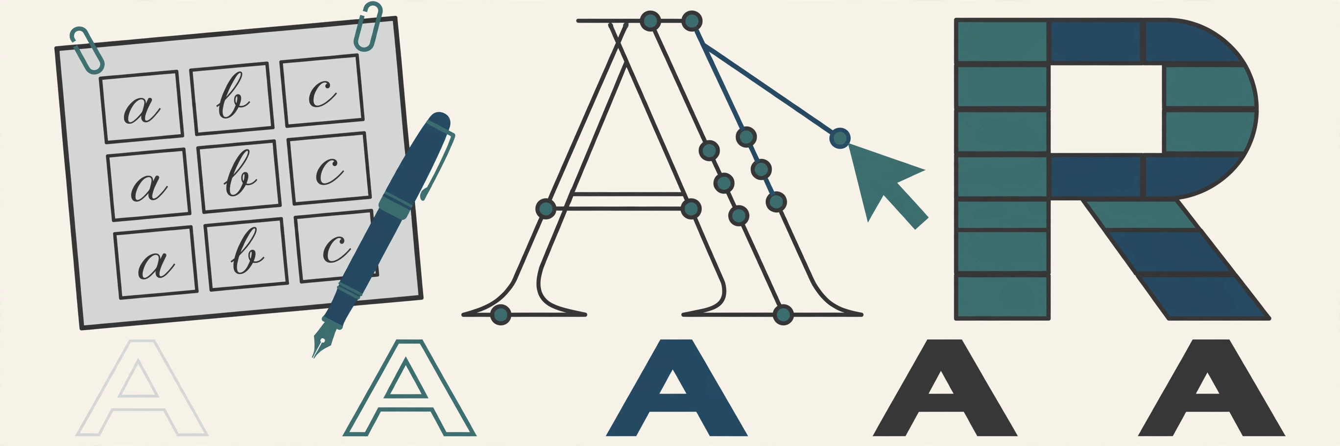 The routes to a font of your own, in one picture: a handwriting template and fountain pen, a letter under construction as a bezier outline, a letter built from blocks, and a row of finished letters growing from light to bold