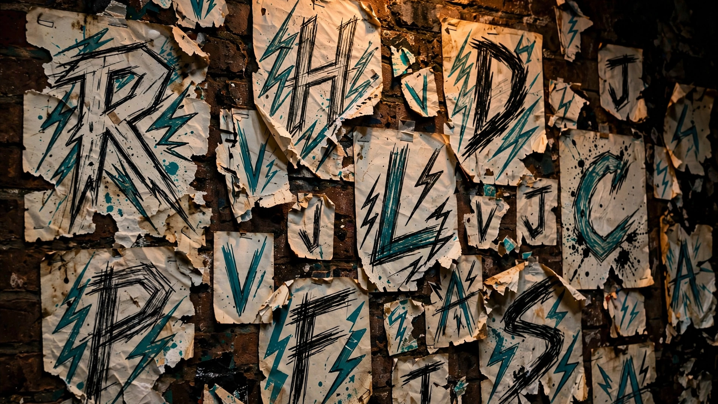 A brick wall covered in torn concert flyers, each decorated with a single jagged hand-drawn letter and teal lightning bolts