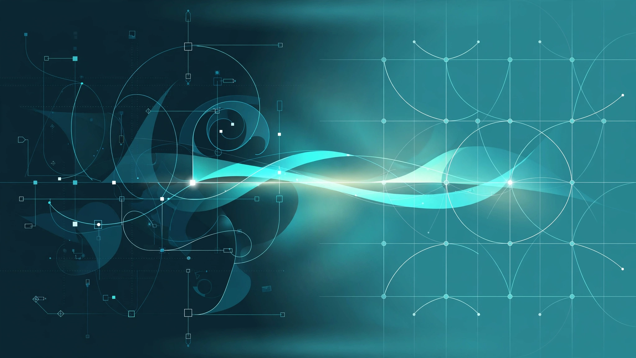 Abstract letterforms and bezier curves crossing a bridge between two format worlds, one drawn with cubic curves and anchor points, the other on a quadratic grid.