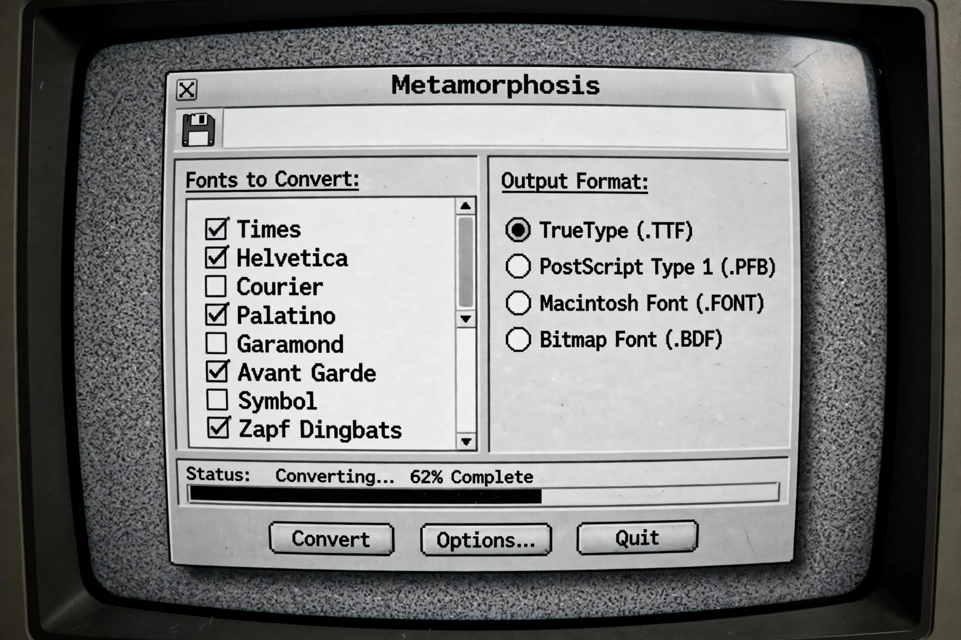 AI-generated illustration: a photograph-style view of a 1992 CRT screen showing a font converter window titled Metamorphosis, with a checklist of fonts, output format radio buttons for TrueType, PostScript Type 1, Macintosh Font, and Bitmap Font, and a conversion progress bar.