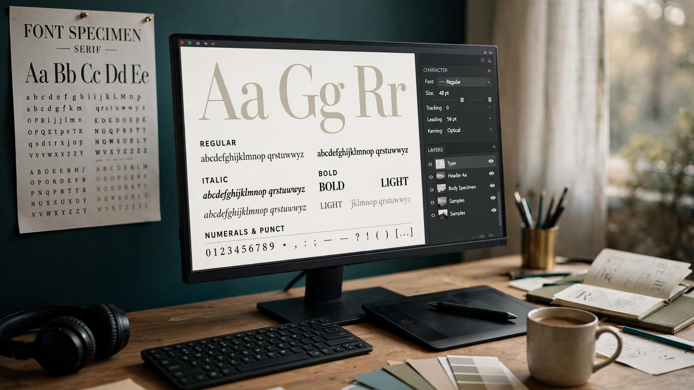 A designer’s desk: a monitor displaying a type specimen beside a character panel and layers panel, a printed font specimen poster pinned to the wall, graphics tablet, keyboard, and coffee.