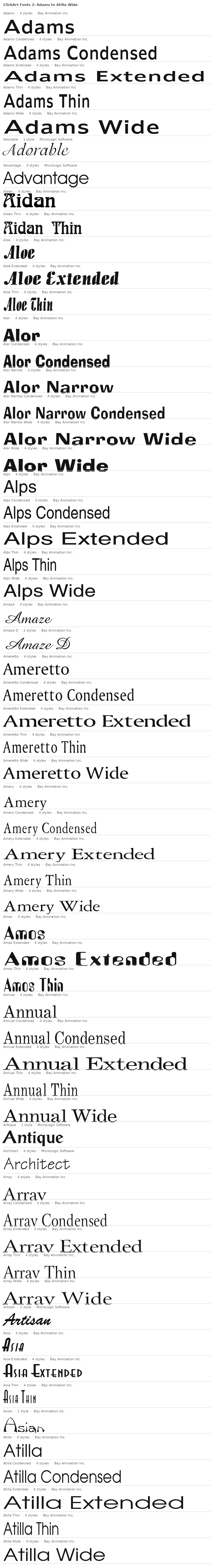 Specimen plate: ClickArt Fonts 2 families Adams to Atilla Wide, each name set large in its own typeface