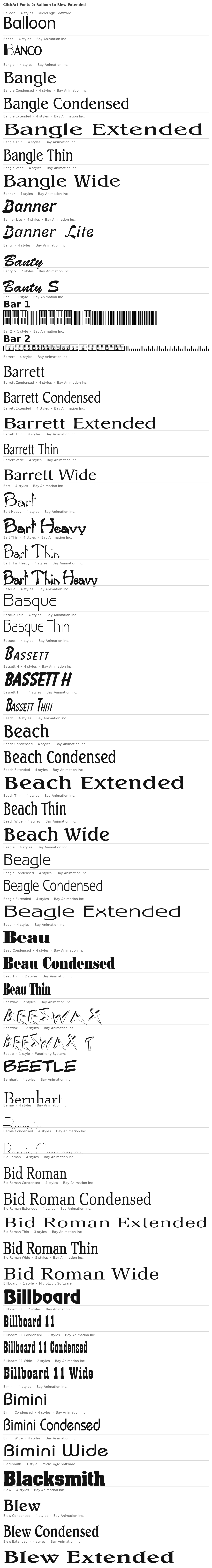Specimen plate: ClickArt Fonts 2 families Balloon to Blew Extended, each name set in its own typeface