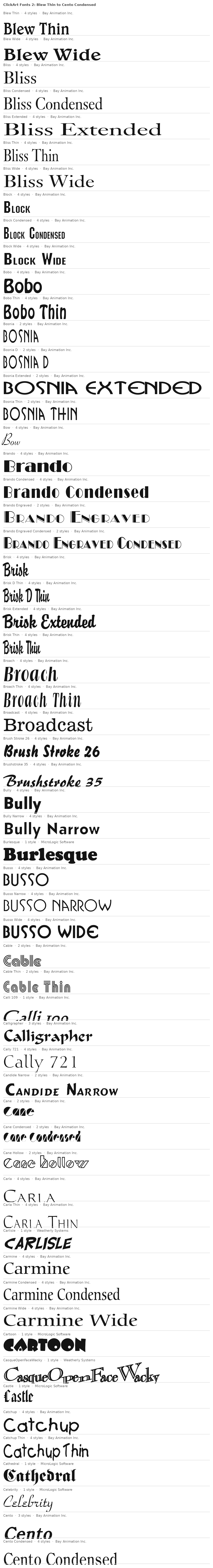 Specimen plate: ClickArt Fonts 2 families Blew Thin to Cento Condensed, each name set in its own typeface