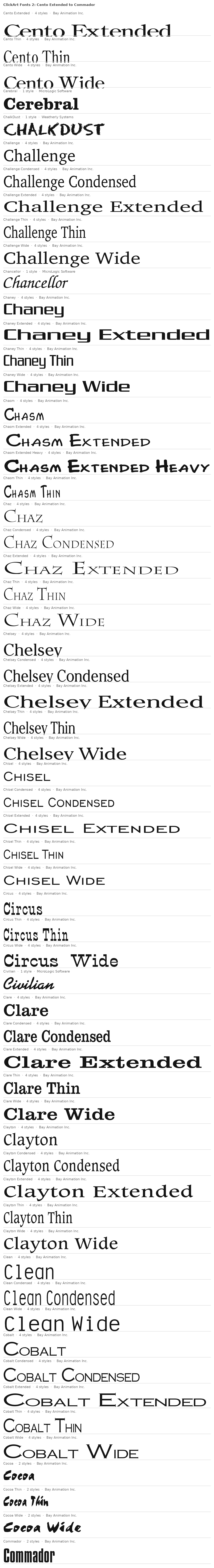 Specimen plate: ClickArt Fonts 2 families Cento Extended to Commador, each name set in its own typeface