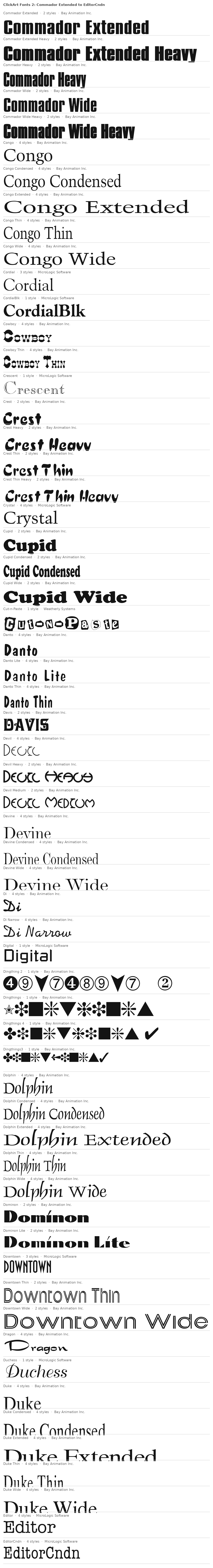 Specimen plate: ClickArt Fonts 2 families Commador Extended to EditorCndn, each name set in its own typeface