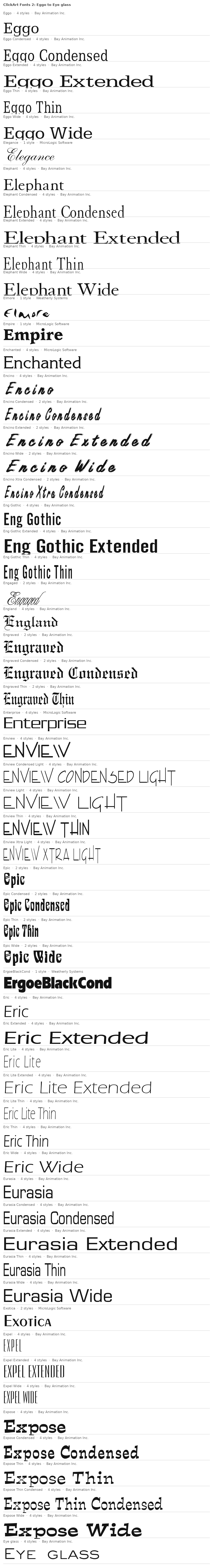 Specimen plate: ClickArt Fonts 2 families Eggo to Eye glass, each name set in its own typeface