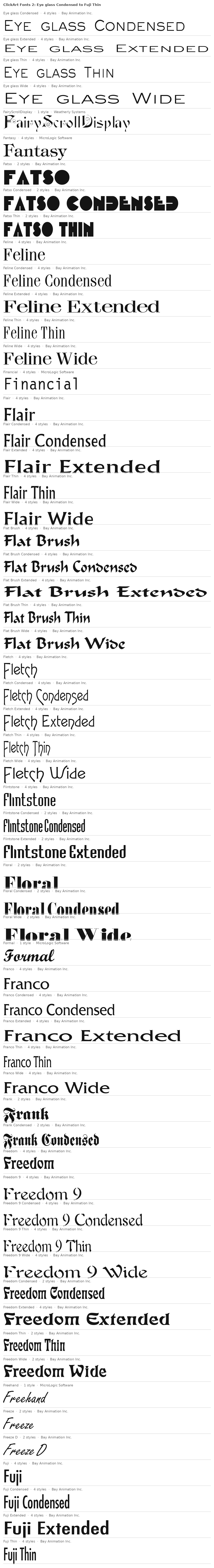 Specimen plate: ClickArt Fonts 2 families Eye glass Condensed to Fuji Thin, each name set in its own typeface