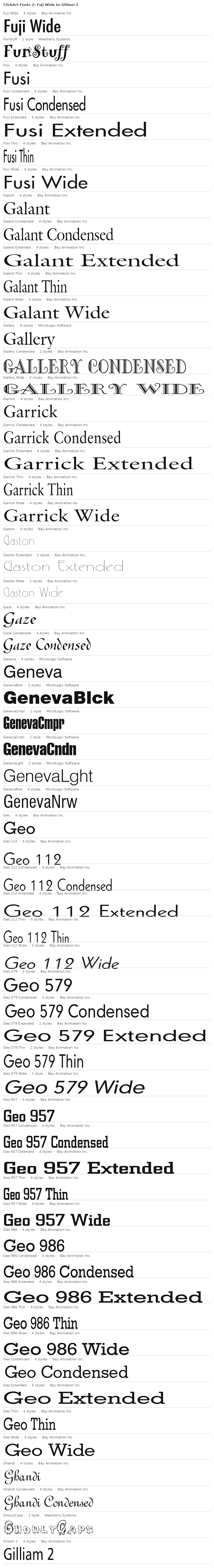 Specimen plate: ClickArt Fonts 2 families Fuji Wide to Gilliam 2, each name set in its own typeface