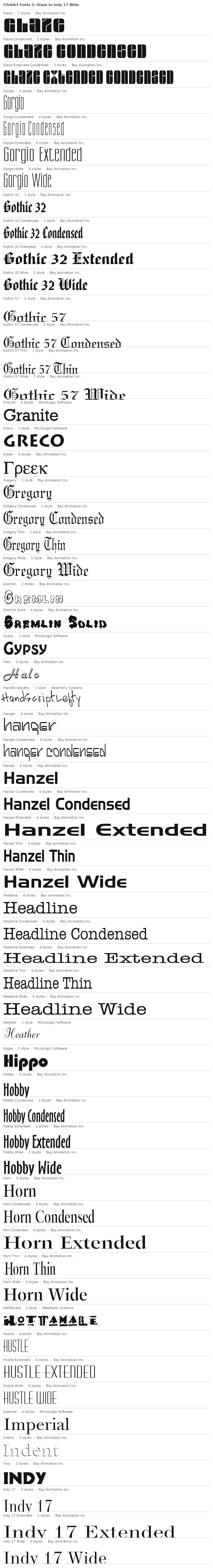 Specimen plate: ClickArt Fonts 2 families Glaze to Indy 17 Wide, each name set in its own typeface